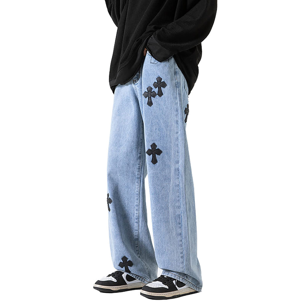 YADMISU Mens Baggy Wide Leg Jeans Hip-hop Cross Patch Loose Fit Straight Denim Pants Trendy Streetwear BlueXXL