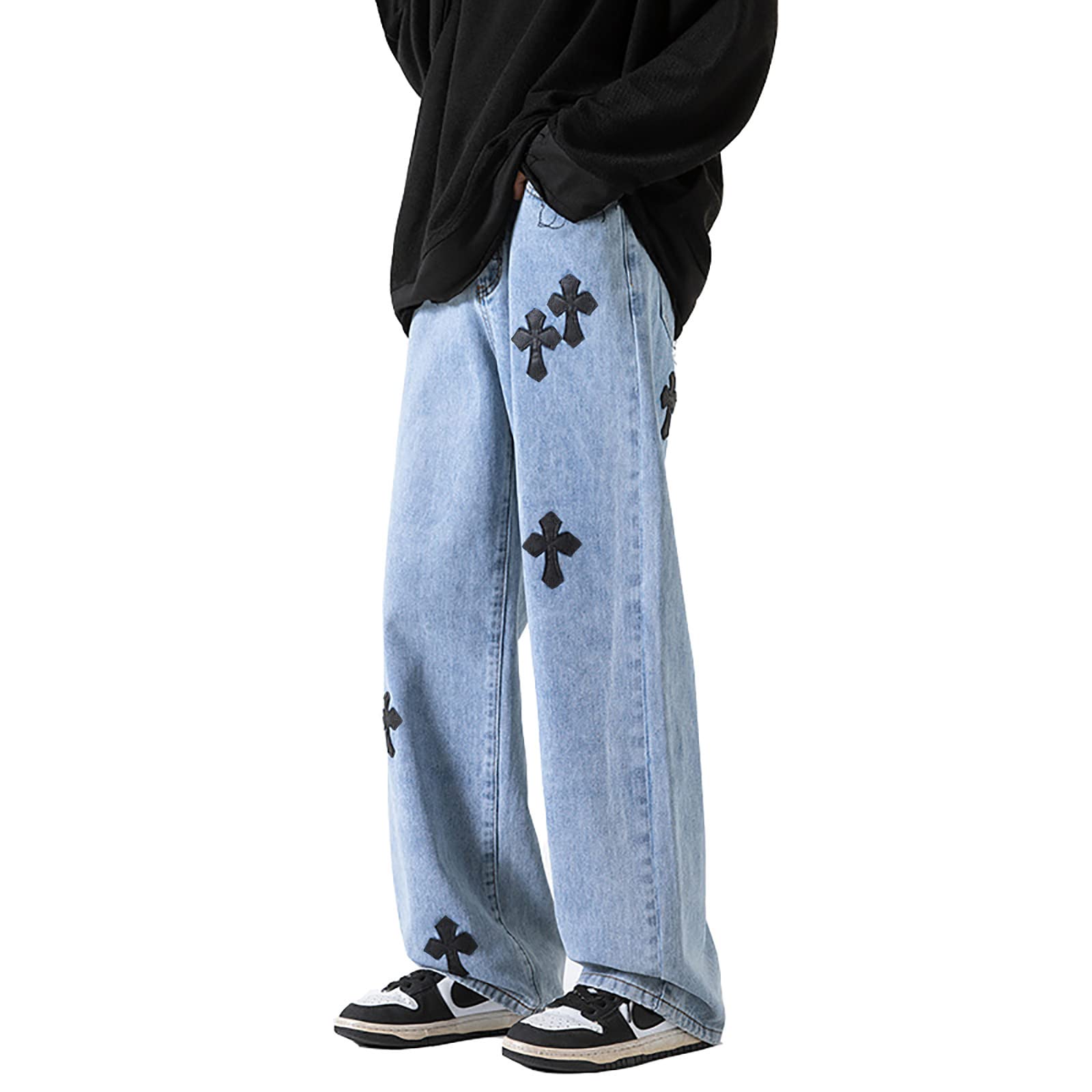 YADMISU Mens Baggy Wide Leg Jeans Hip-hop Cross Patch Loose Fit Straight Denim Pants Trendy Streetwear BlueXXL